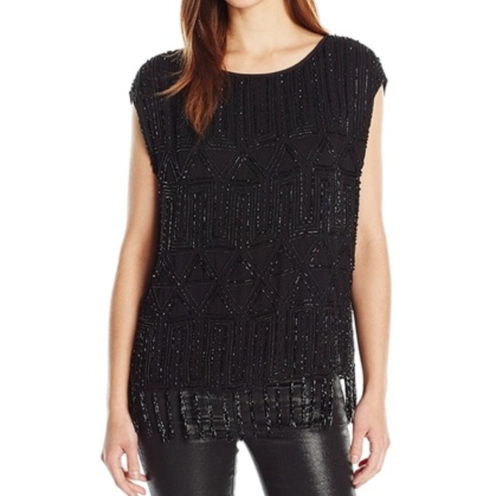 Joie Cecile Black Geometric Beaded Fringe Tassel Sleeveless Tunic Top Sz XSmall